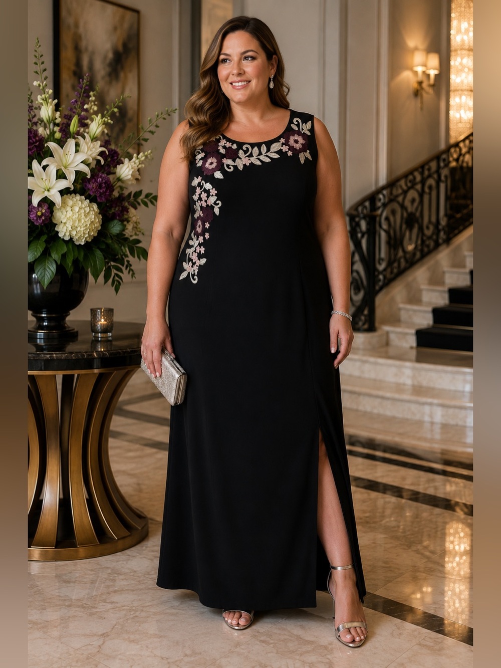 SL Fashions Black Floral Embroidered Maxi Evening Dress Plus Size 20W NWT $139